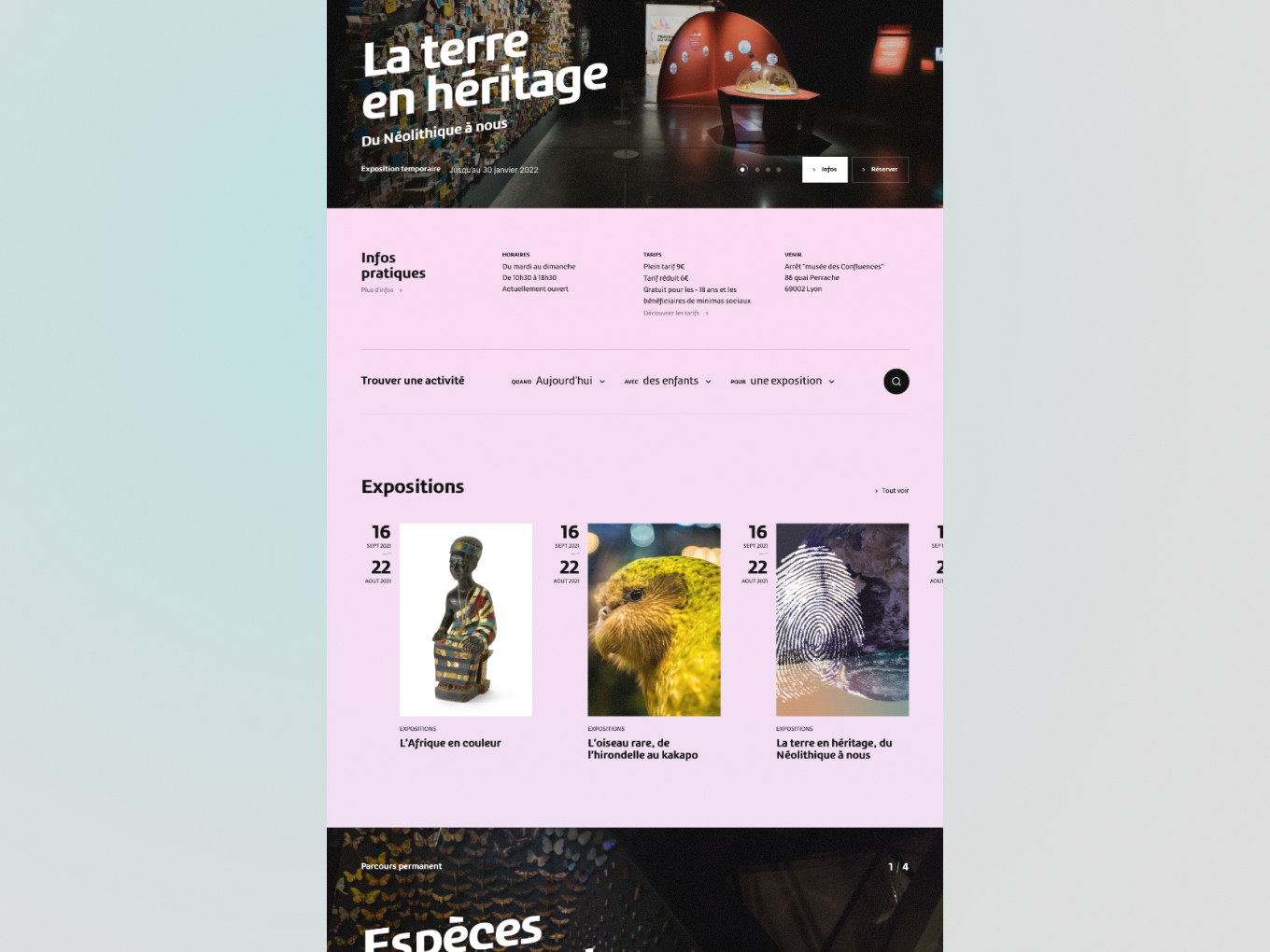 Design UX/UI de la page d'accueil du nouveau site du musée des Confluences